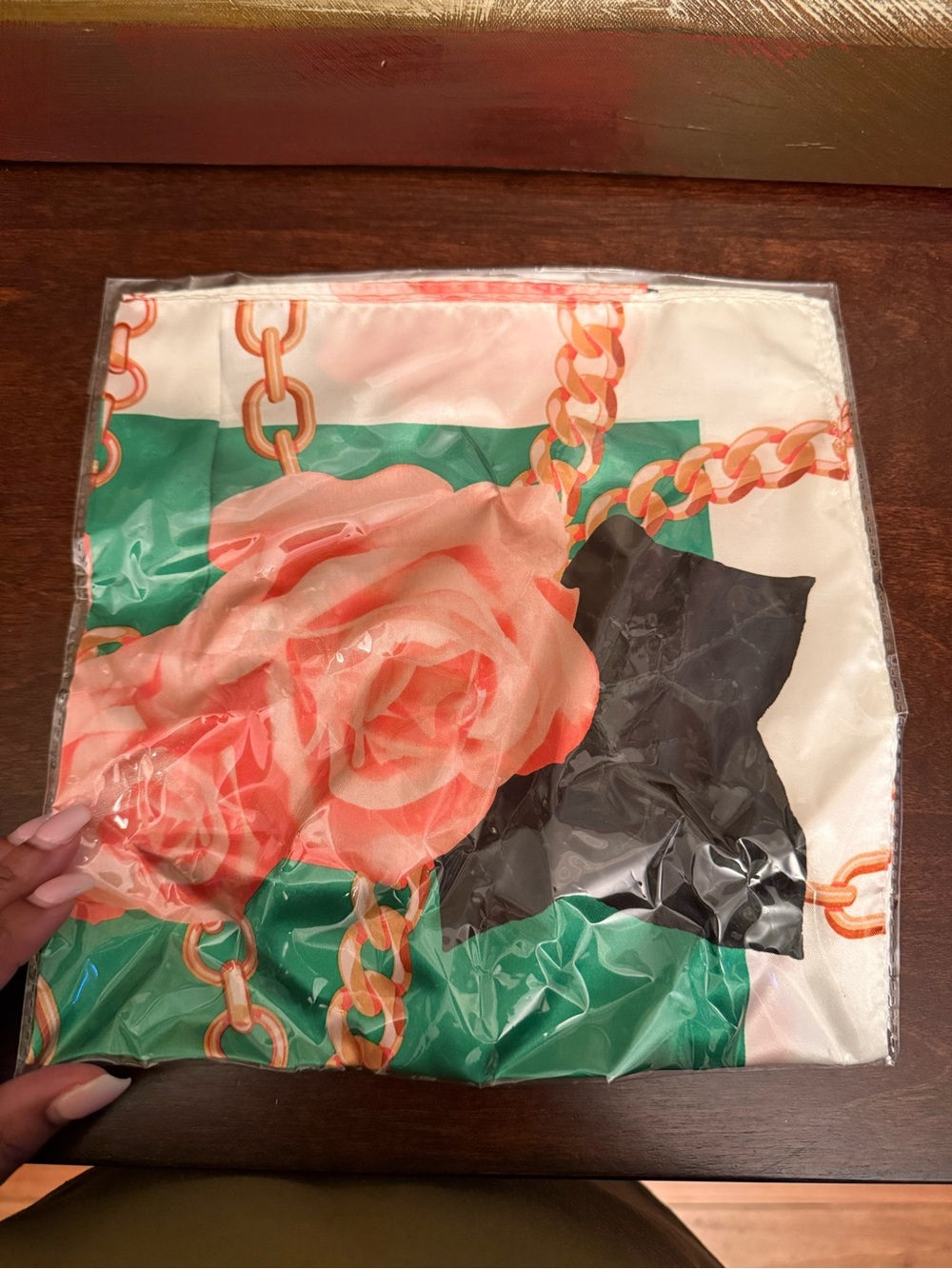 Floral Chain Print Silk Scarf Bag Accent - Pink & Green